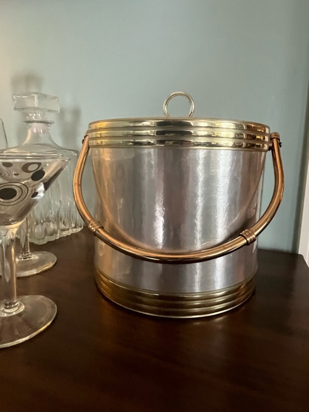 Mid century Towle Drulane Silver and Gold Ice Bucket with Handle MCM